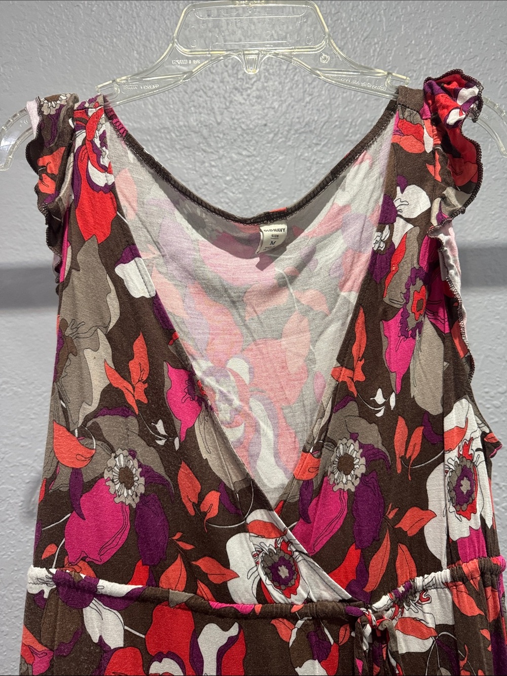 Old Navy Brown Floral Wrap Dress with Pink & Red Accents - Picture 2 of 7